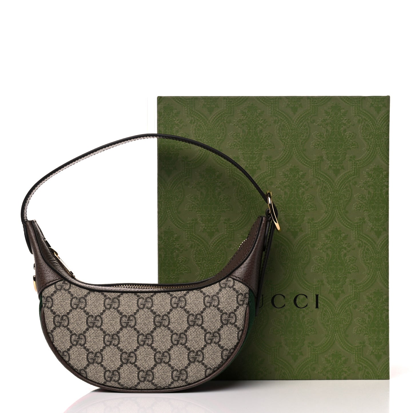 GG Supreme Monogram Textured Calfskin Web Mini Ophidia Half Moon Hobo Beige Ebony New Acero