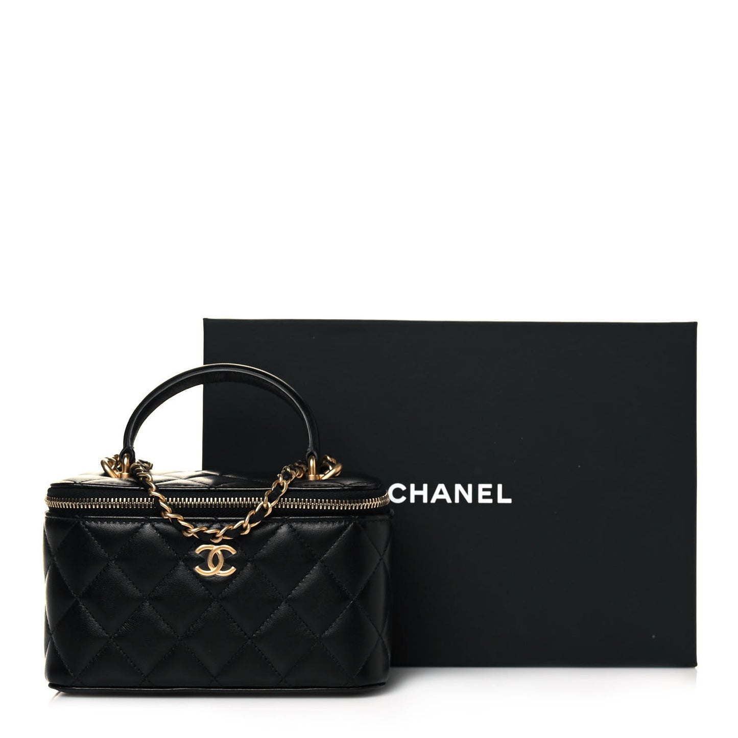 Lambskin Quilted Small Top Handle Vanity Case With Chain Black
