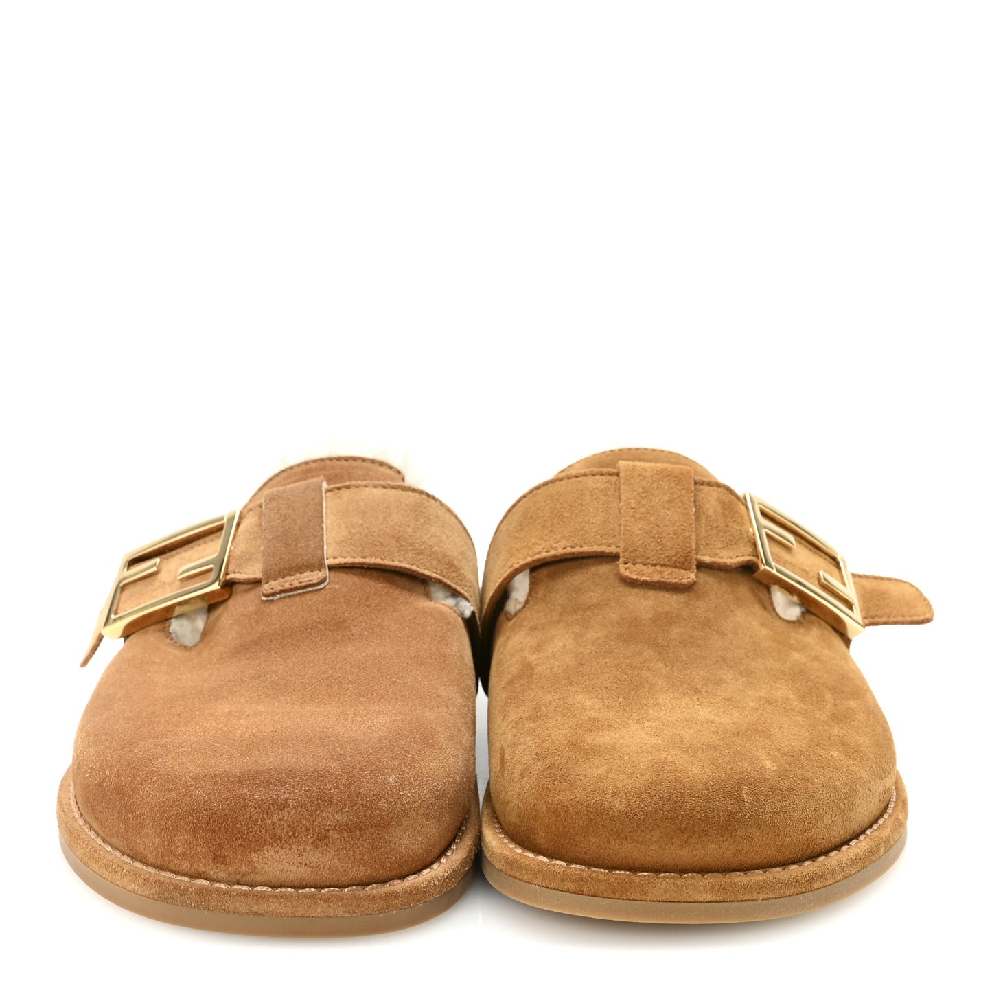 Suede Shearling Fendi Feel Buckled Clogs 37 Caramello Latte
