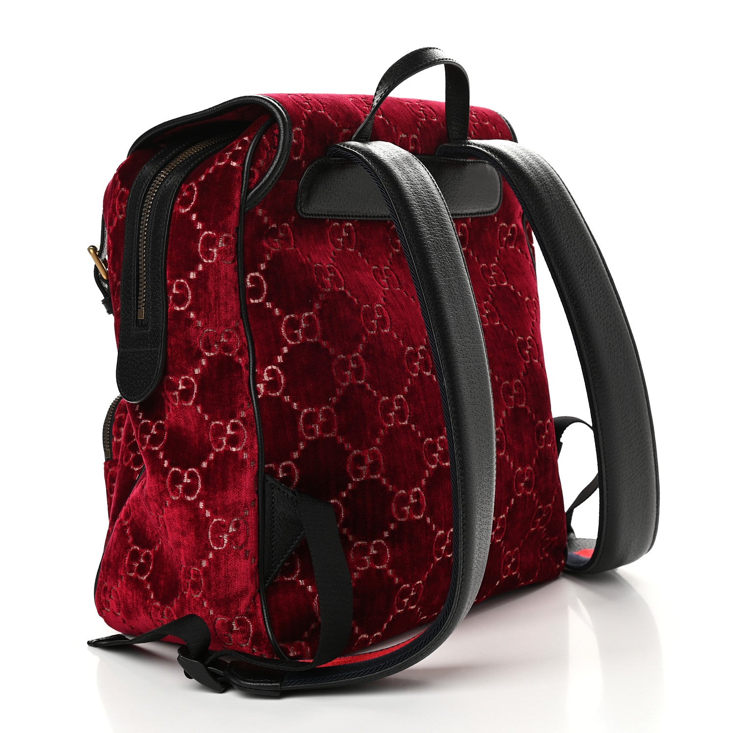 Gucci Velvet GG Monogram Textured Calfskin Web Small Double Buckle Backpack Red Cipria Black 3 of 10
