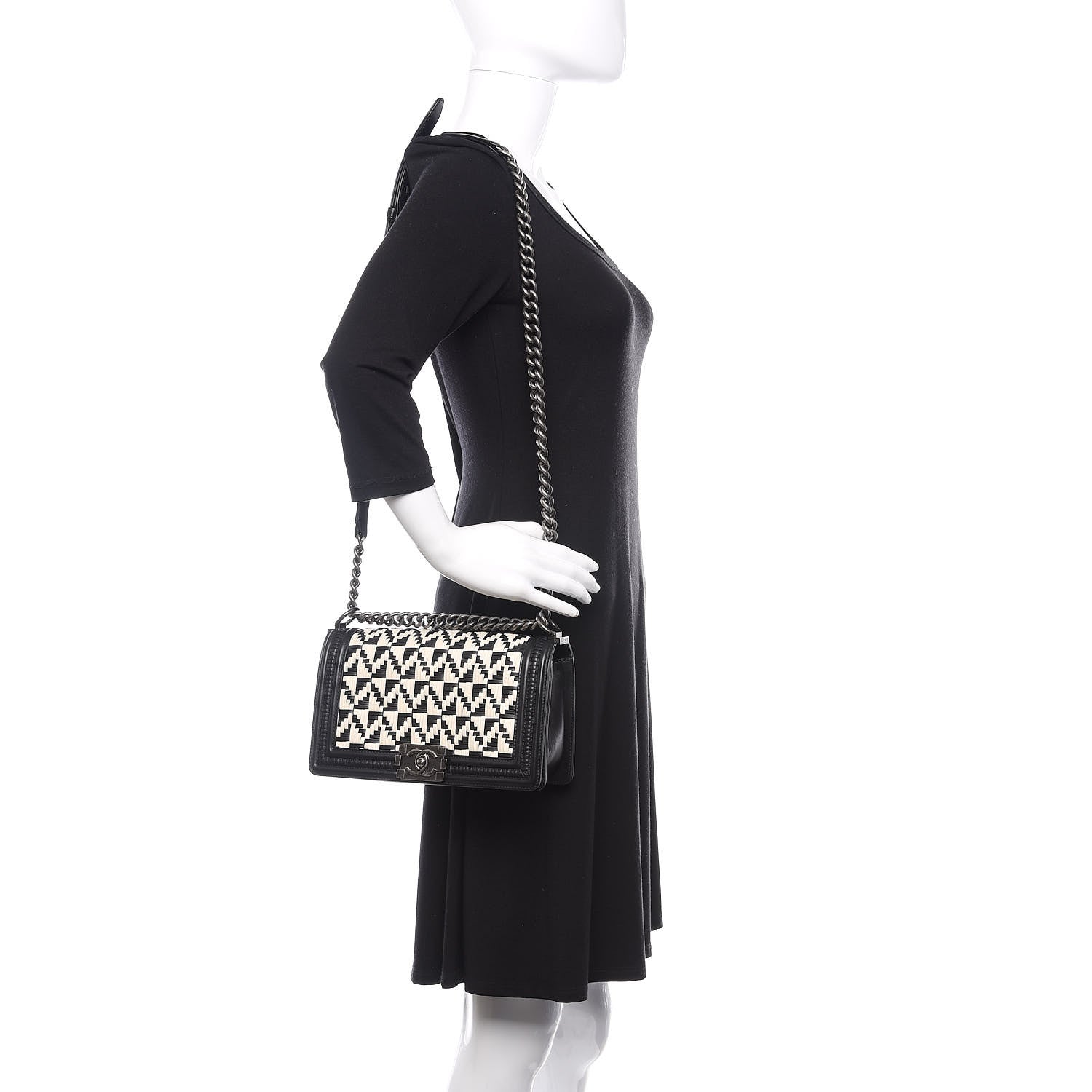 Chanel Calfskin Woven Medium Boy Flap Black White 2 of 12