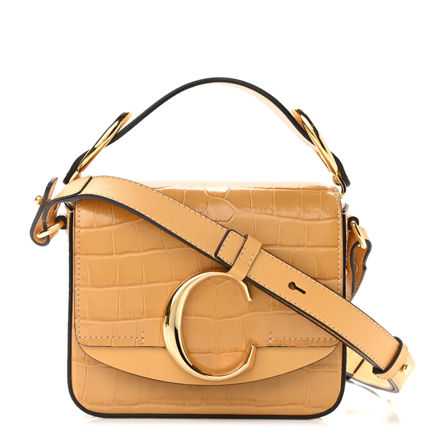 Calfskin Crocodile Embossed Mini C Double Carry Honey Gold