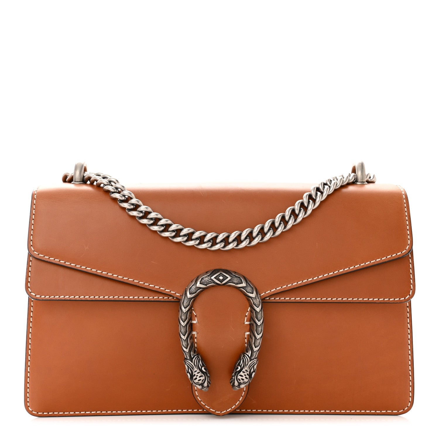 front view image of a GUCCI Calfskin Small Dionysus Shoulder Bag in the color Brown by FASHIONPHILE