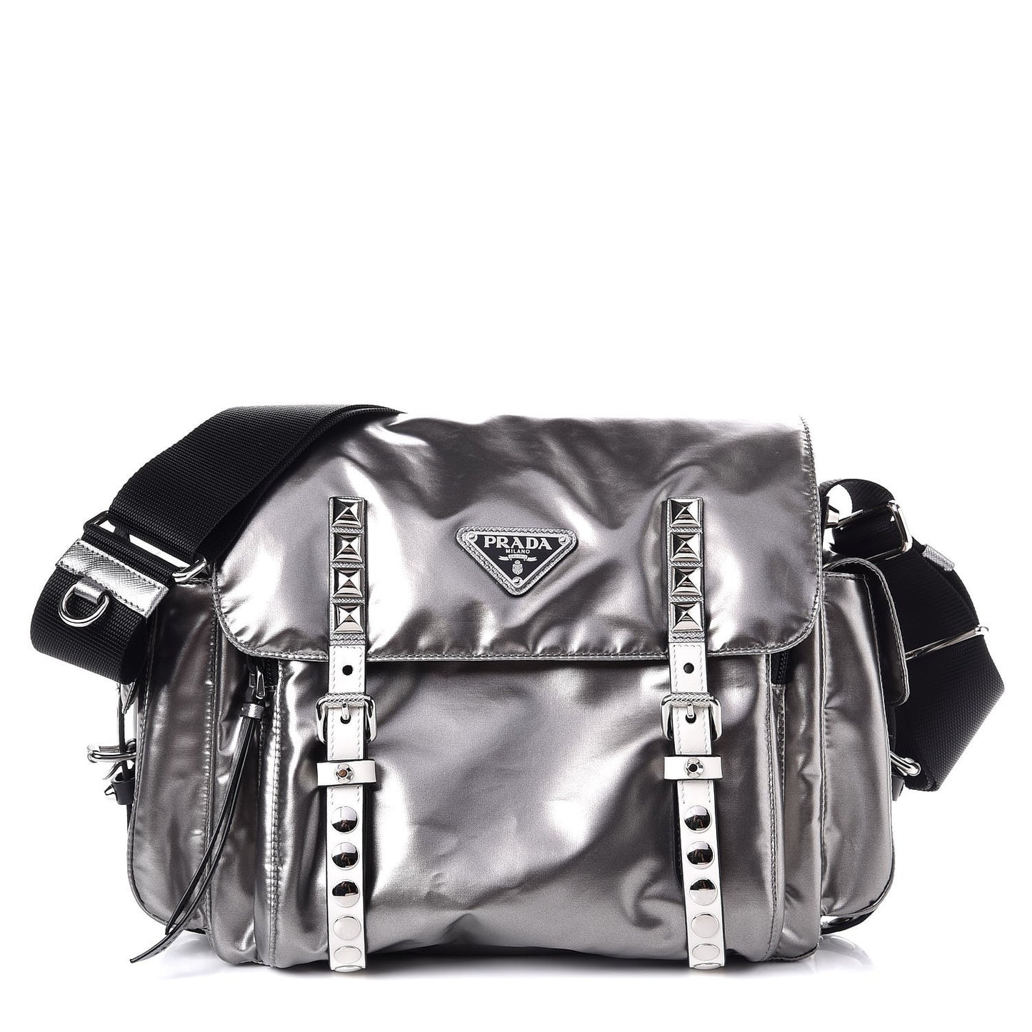 Metallic Nylon Studded Messenger Bag Ferro Black