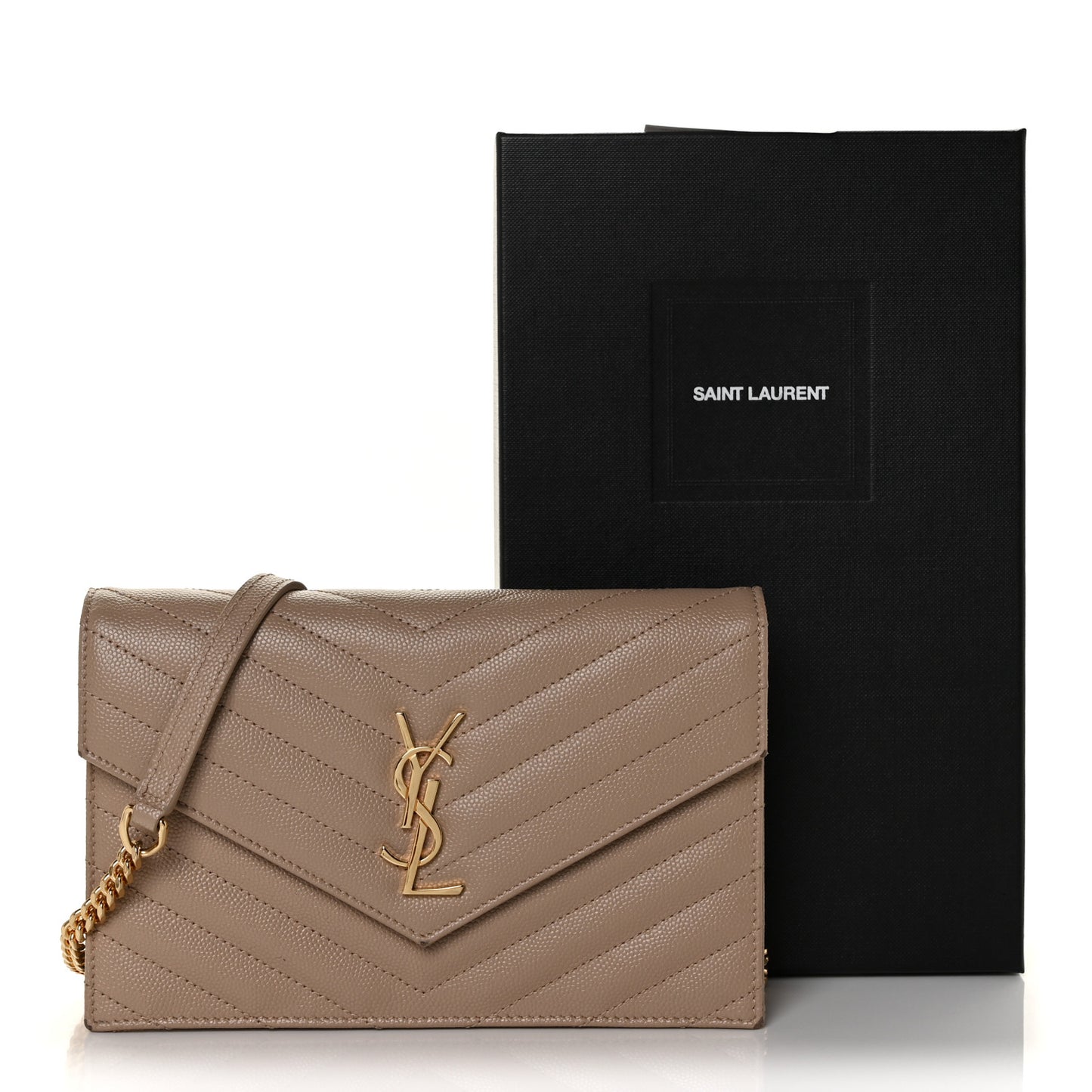 Grain De Poudre Matelasse Chevron Monogram Envelope Chain Wallet Dark Beige