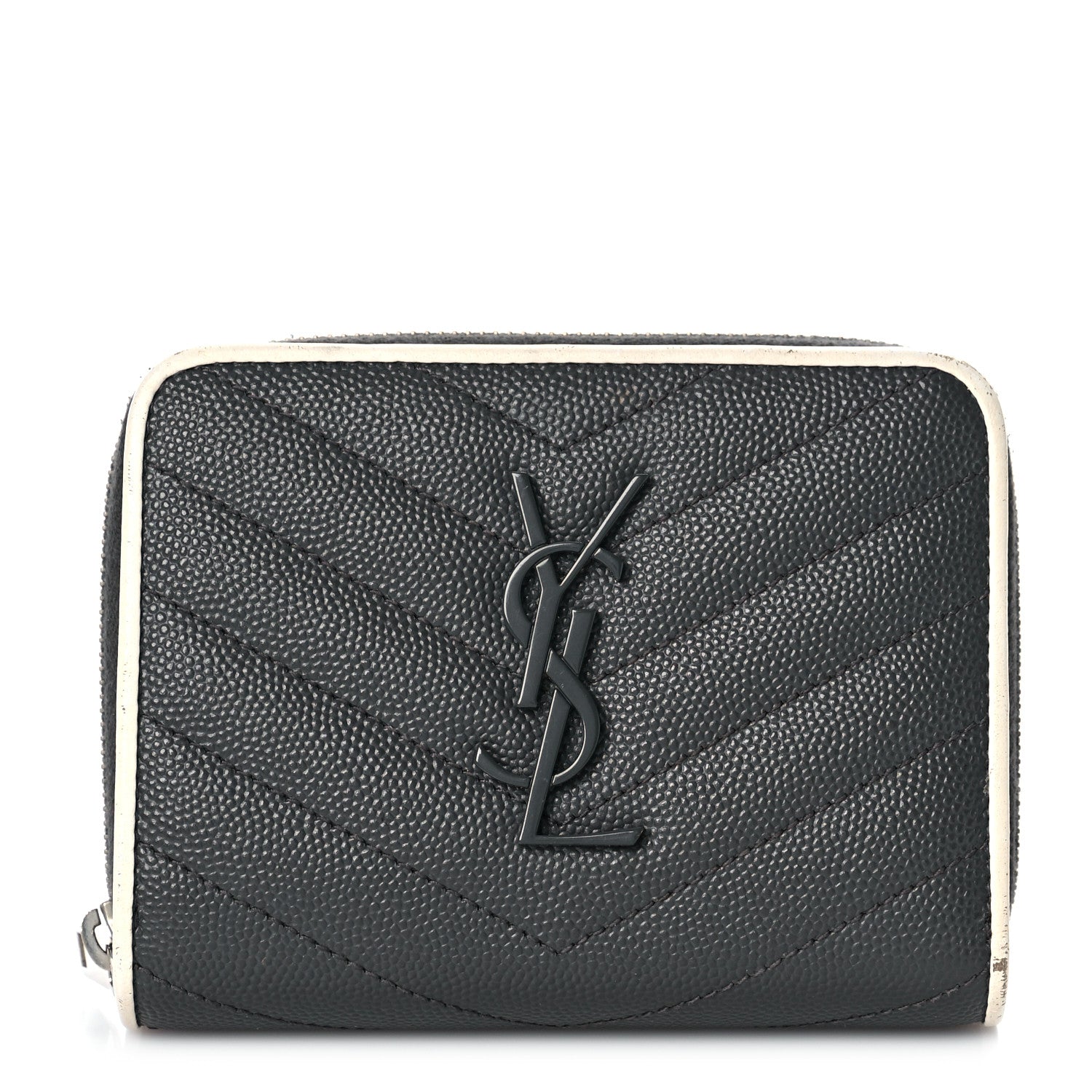Saint Laurent Grain De Poudre Matelasse Chevron Monogram Compact Zip Around Wallet Asphalt White 1 of 10