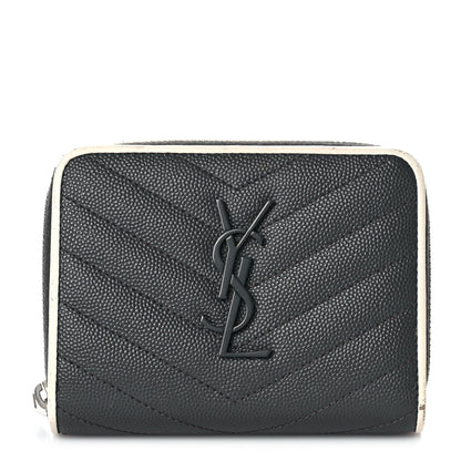 Saint Laurent Grain De Poudre Matelasse Chevron Monogram Compact Zip Around Wallet Asphalt White 1 of 10