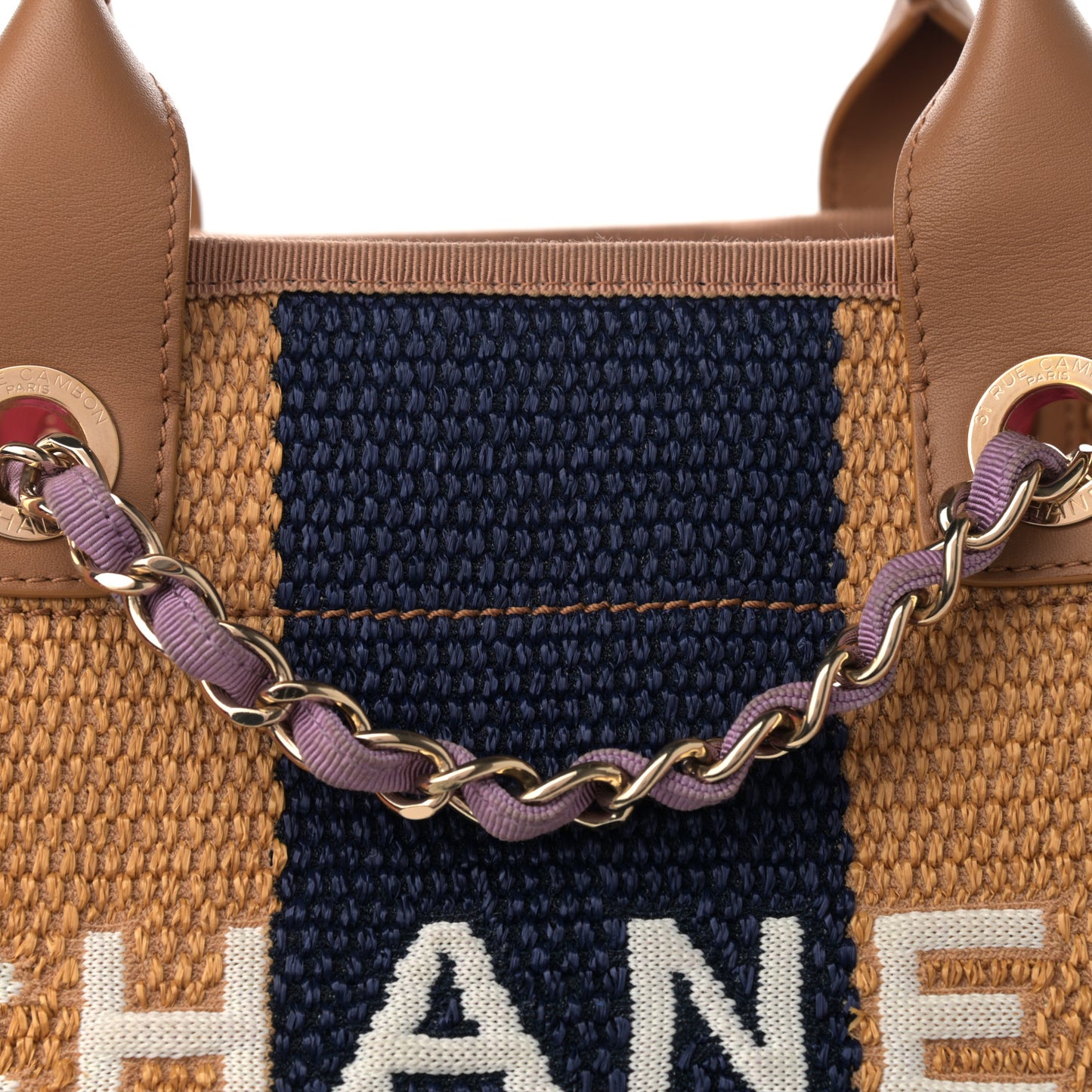 Straw Raffia Calfskin Striped Medium Deauville Tote Dark Beige Fuchsia Navy Blue