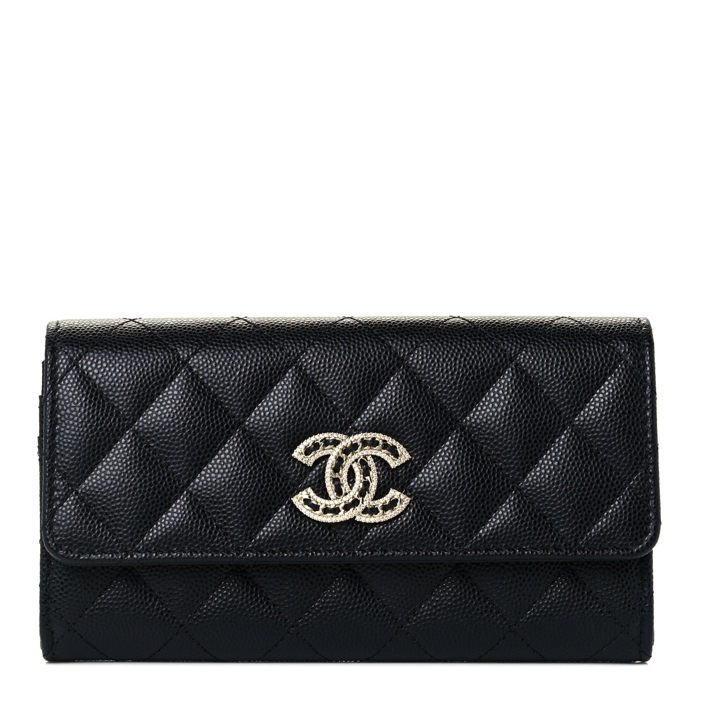 Caviar Quilted Crystal CC Large Gusset Flap Wallet Black