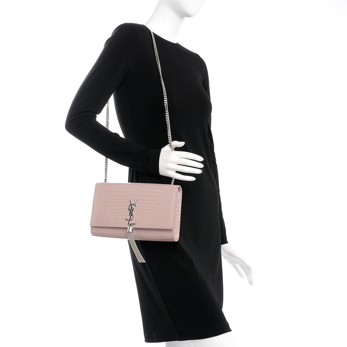 Calfskin Crocodile Embossed Medium Classic Monogram Kate Tassel Satchel Powder Pink