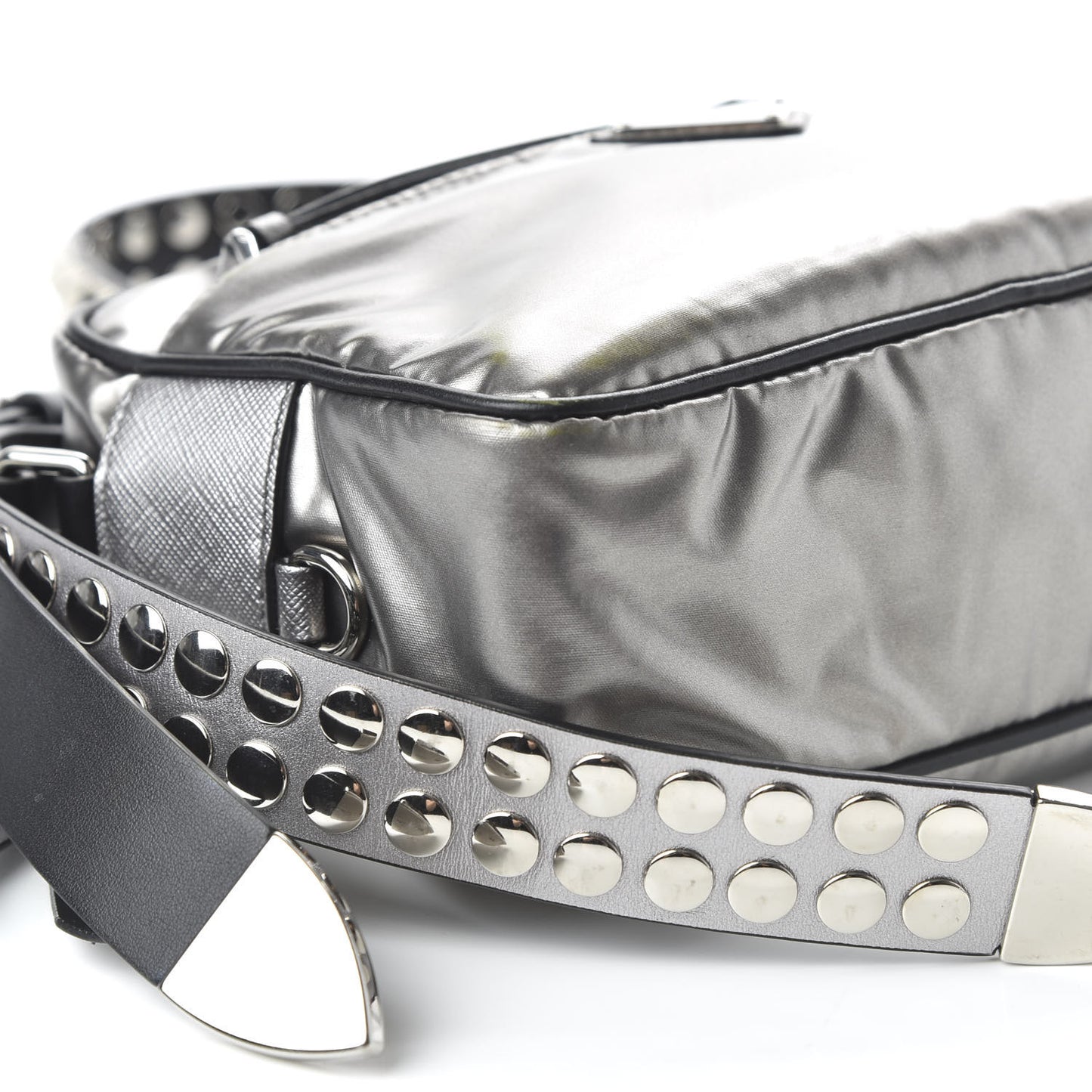 Metallic Tessuto Nylon Metal Studded Shoulder Bag Ferro Black
