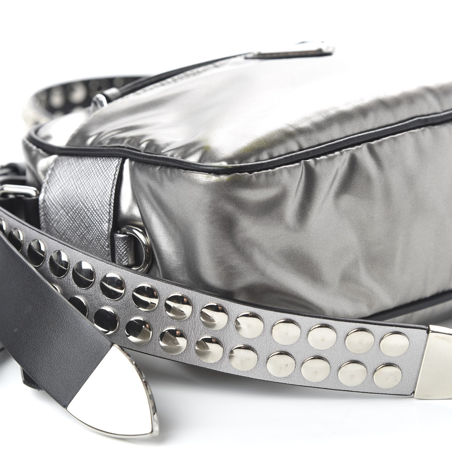 Prada Metallic Tessuto Nylon Metal Studded Shoulder Bag Ferro Black 6 of 9