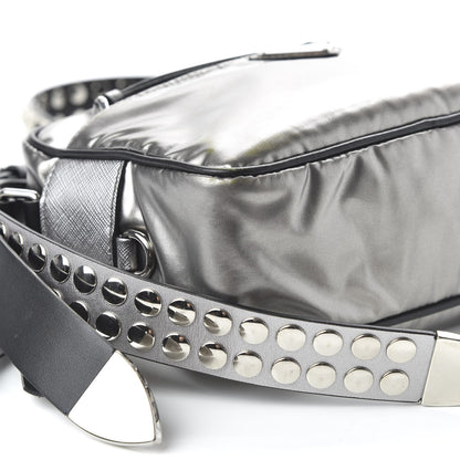 Prada Metallic Tessuto Nylon Metal Studded Shoulder Bag Ferro Black 6 of 9