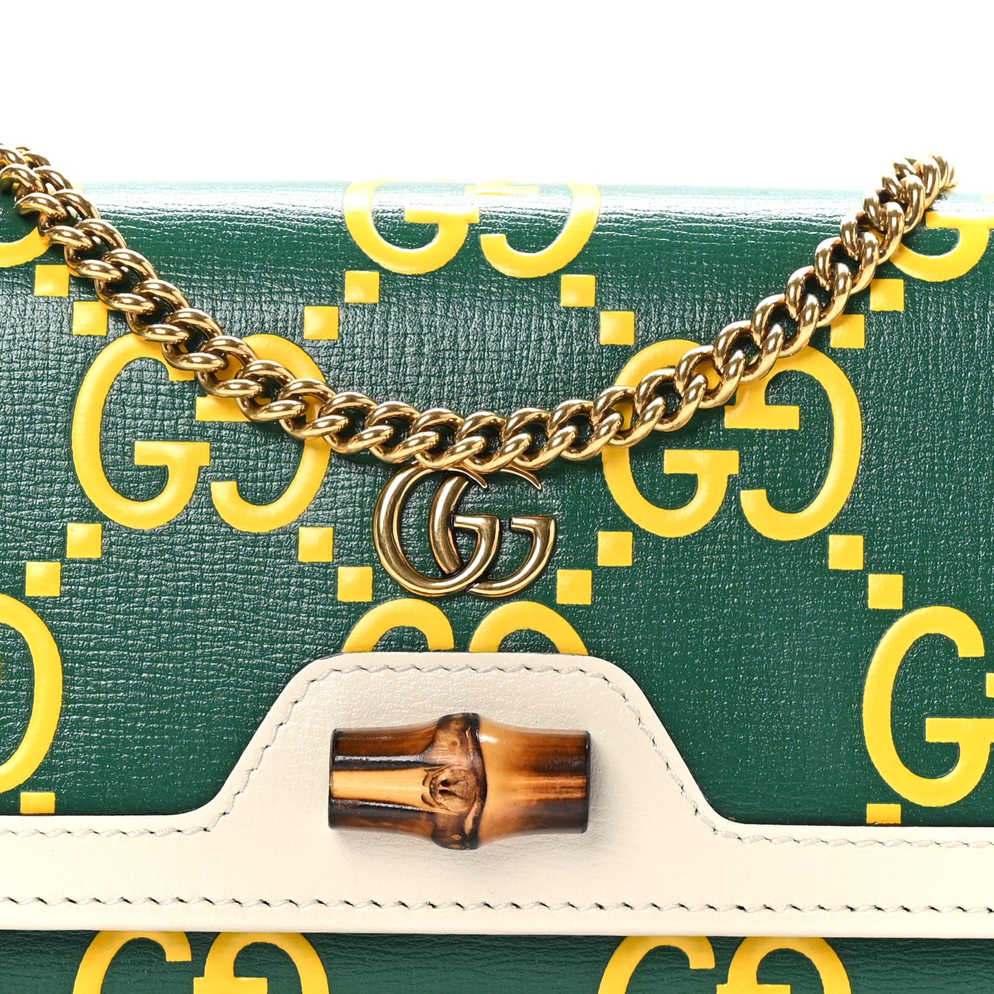 Azalea Calfskin GG Monogram Bi-Color Debossed Diana Chain Wallet Emerald Stone Topaz Mystic White