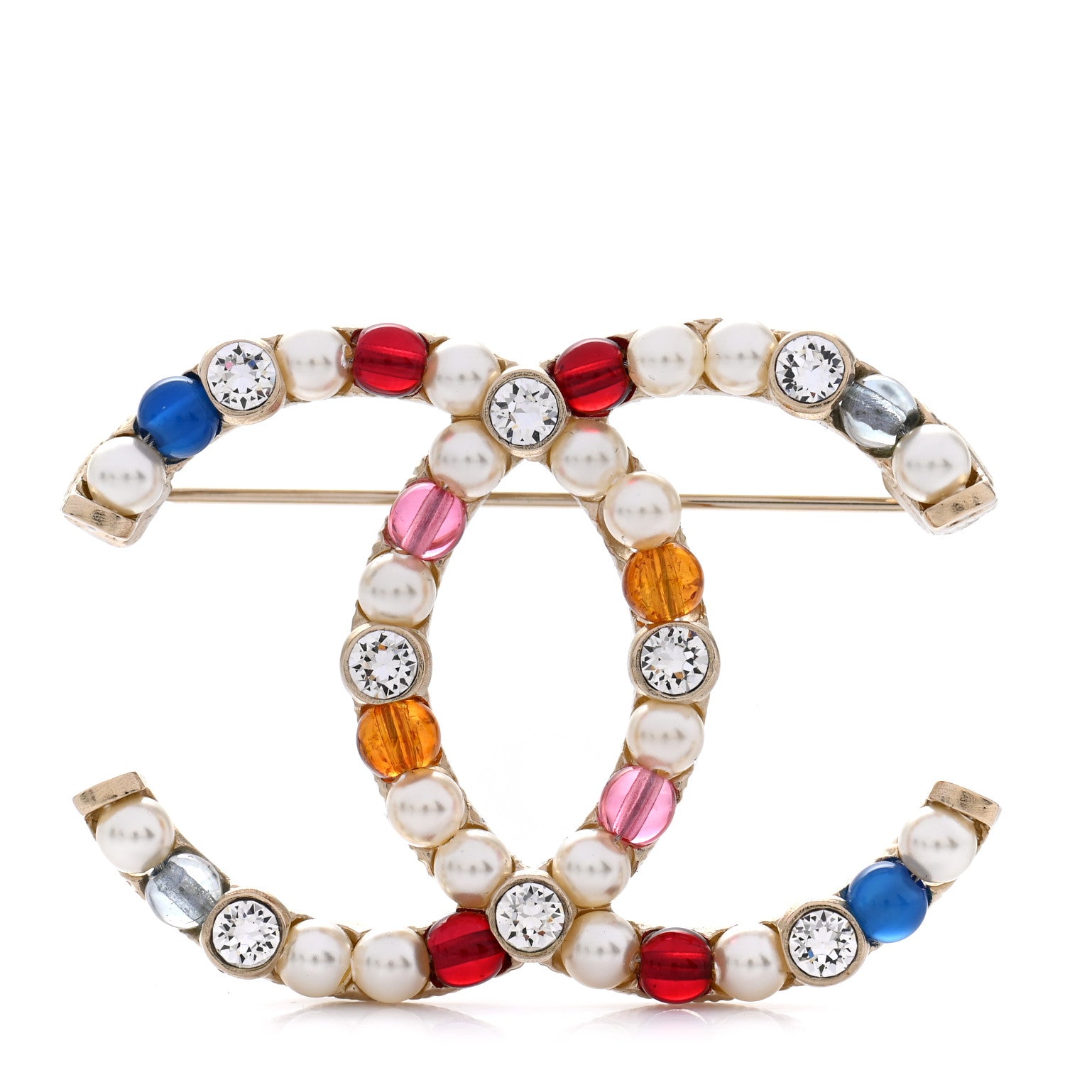 Chanel Pearl Crystal CC Brooch Gold Multicolor 1 of 4