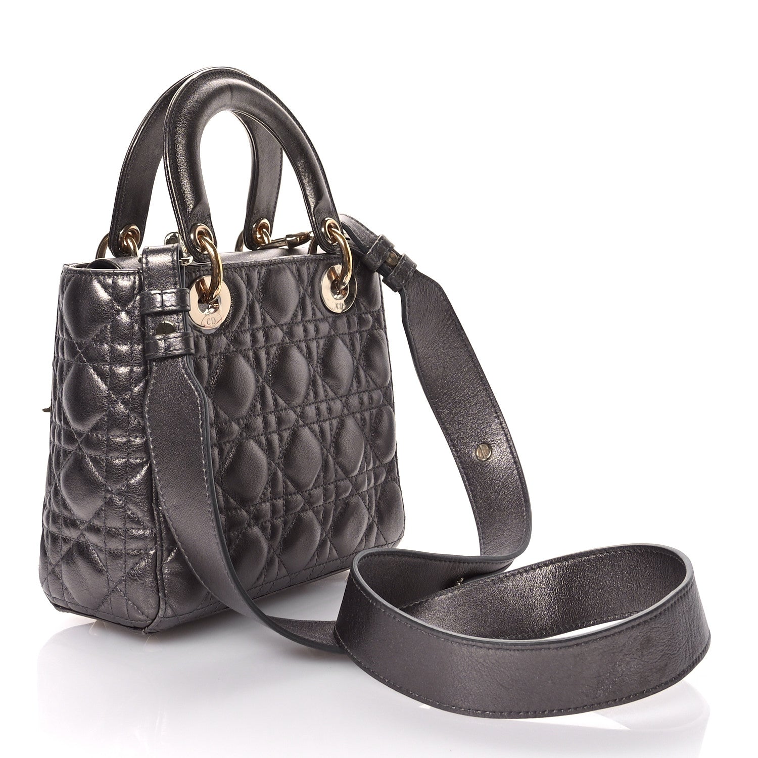 Christian Dior Metallic Grained Calfskin Cannage Small Lady Dior Gunmetal 3 of 11