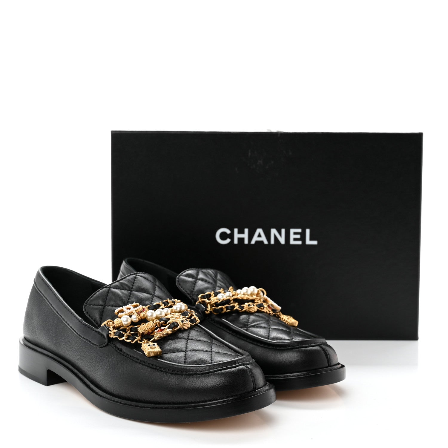 Chanel Lambskin Pearl Crystal Quilted CC Logo Jewelry Loafers 39 Black 9 of 9