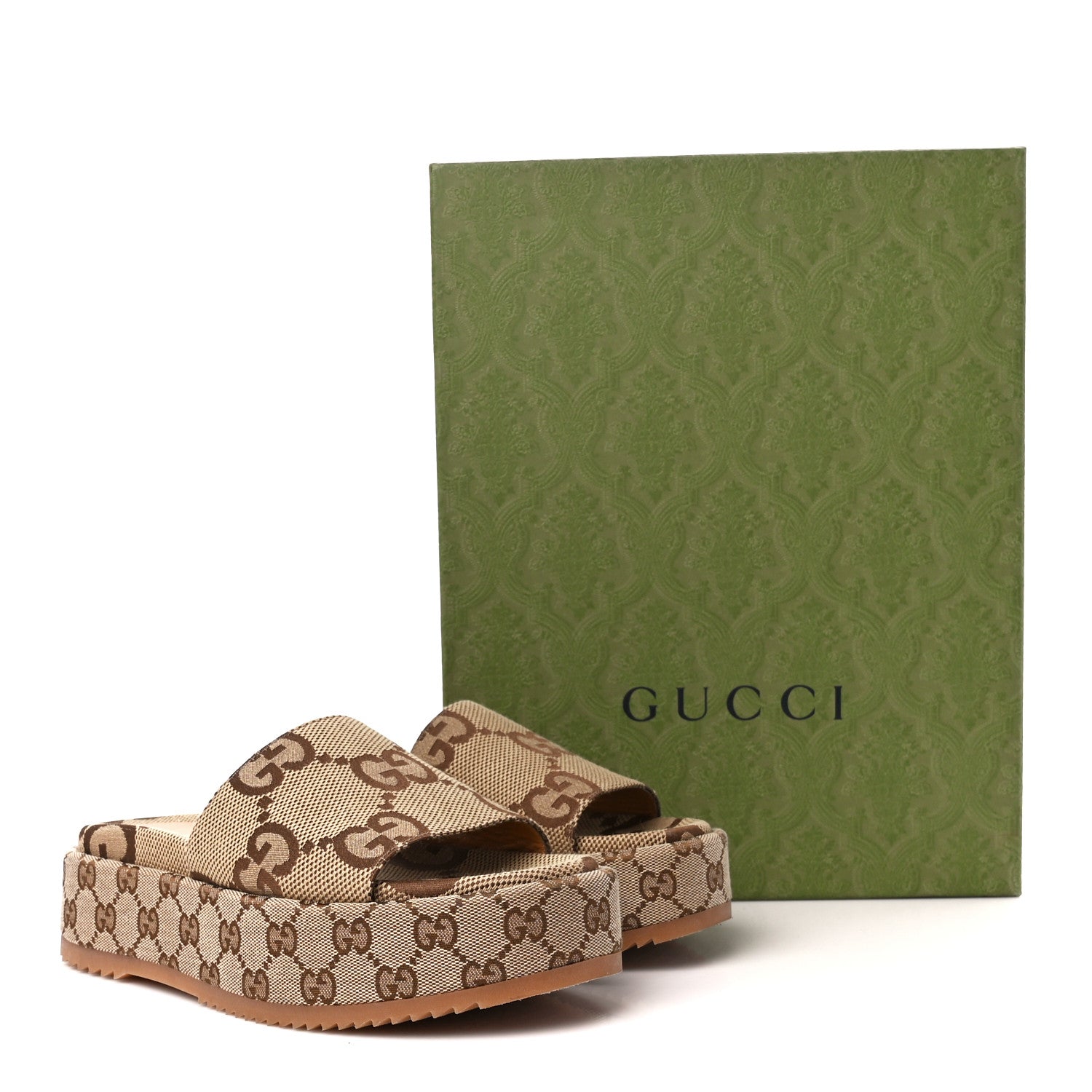 Gucci Monogram Maxi GG Angelina Platform 55mm Slide Sandals 38.5 Camel Ebony 11 of 11