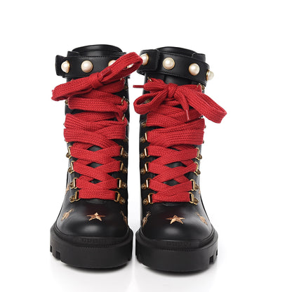 Gucci Calfskin Embroidered Lace Up Combat Ankle Boots 35.5 Black 2 of 9