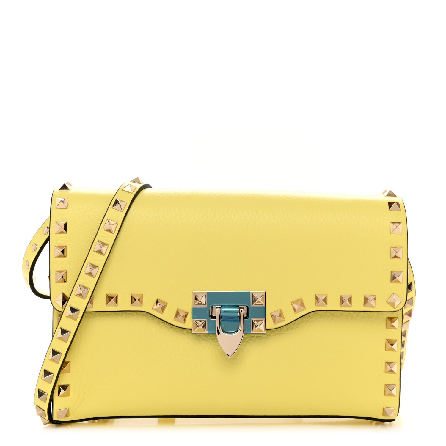 Valentino Garavani Pebbled Calfskin Rockstud Flip Lock Crossbody Bag Yellow 1 of 8