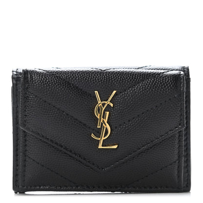 Saint Laurent Grain De Poudre Matelasse Chevron Monogram Compact Tri Fold Pocket Wallet Black 1 of 5