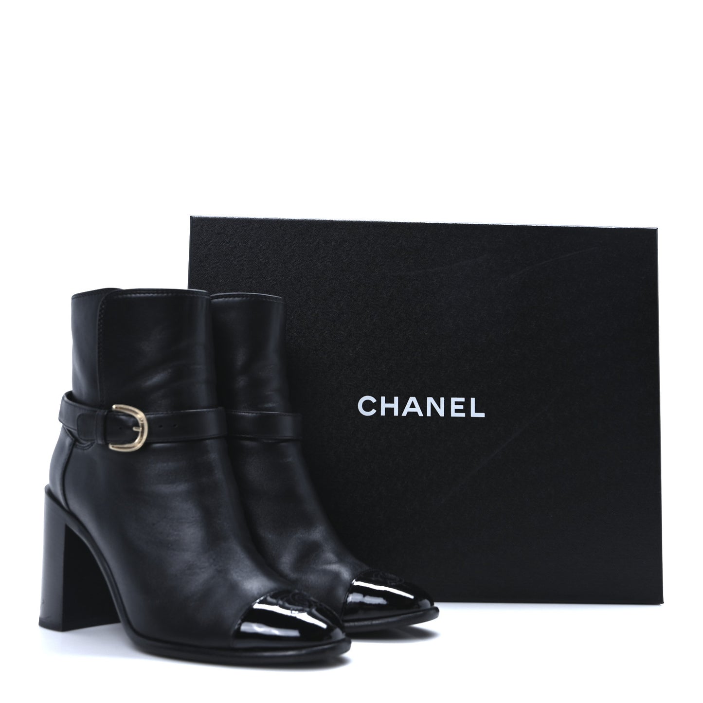 Calfskin Patent Cap Toe Interlocking CC Ankle Boots 39 Black