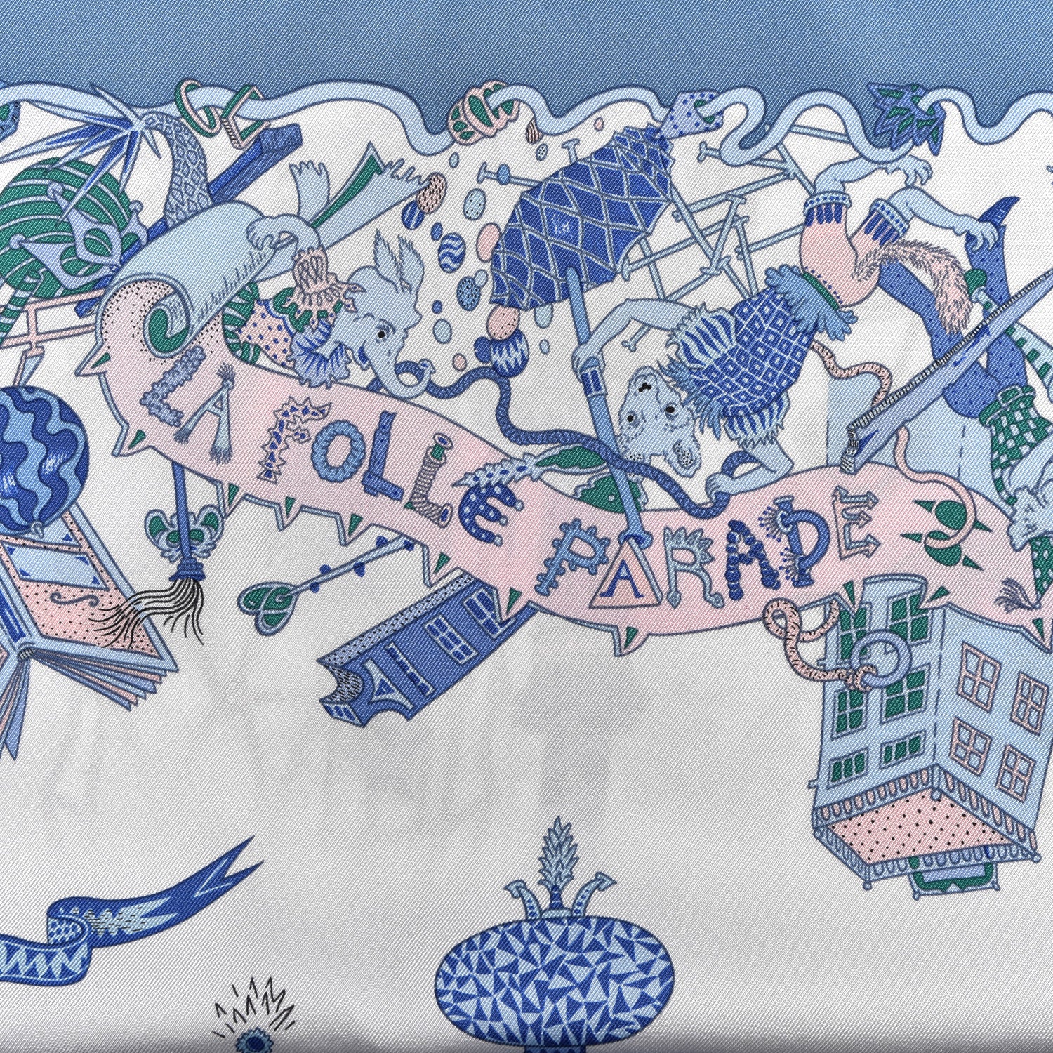 Hermes Silk Twill La Folle Parade Scarf 90 Bleu Jean White Rose 4 of 4