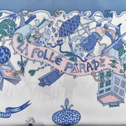 Hermes Silk Twill La Folle Parade Scarf 90 Bleu Jean White Rose 4 of 4