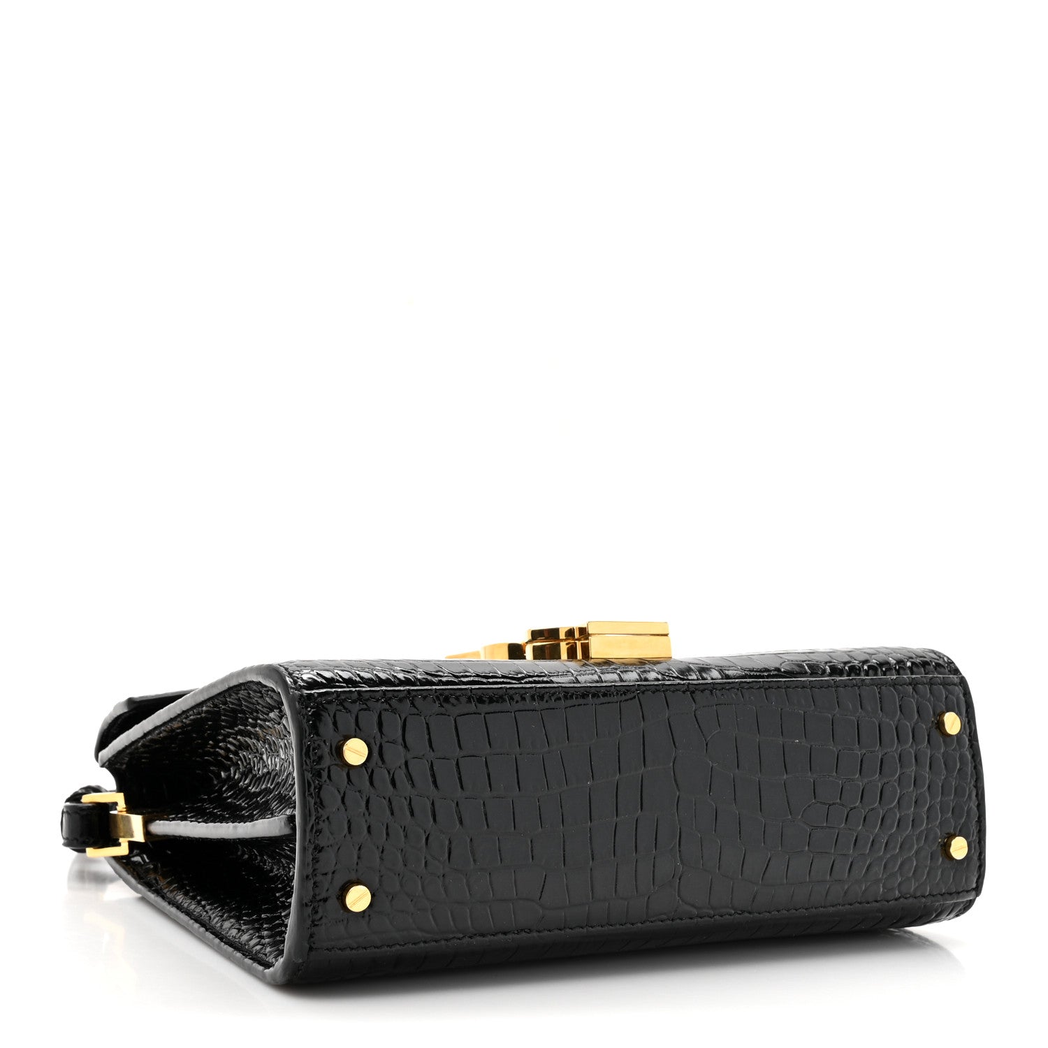 Saint Laurent Calfskin Crocodile Embossed Mini Classic Monogram Cassandra Top Handle Black 4 of 12