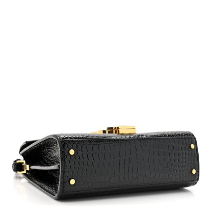 Saint Laurent Calfskin Crocodile Embossed Mini Classic Monogram Cassandra Top Handle Black 4 of 12