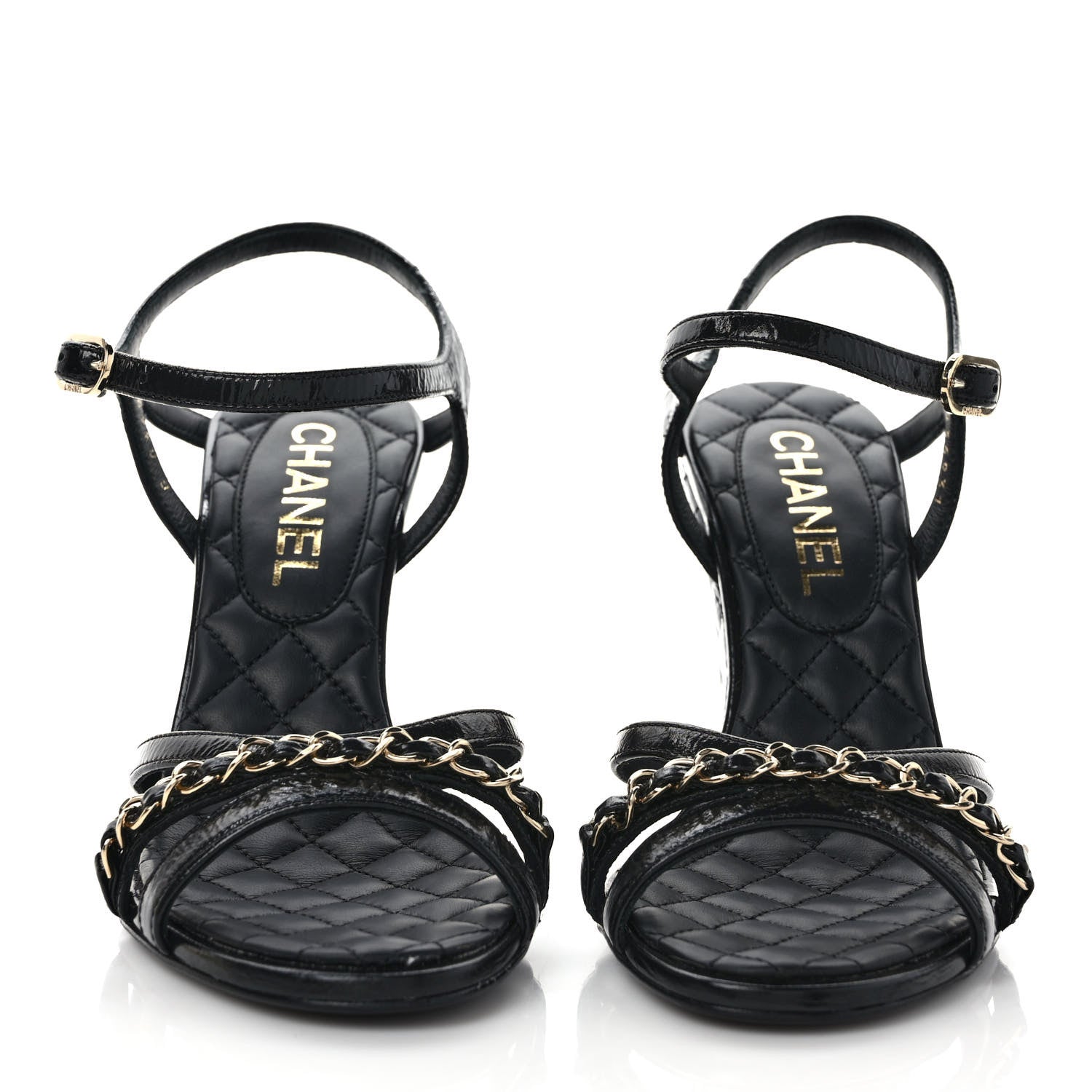 Chanel Crumpled Calfskin Quilted Chain Wedge Sandals 36 Black 2 of 8