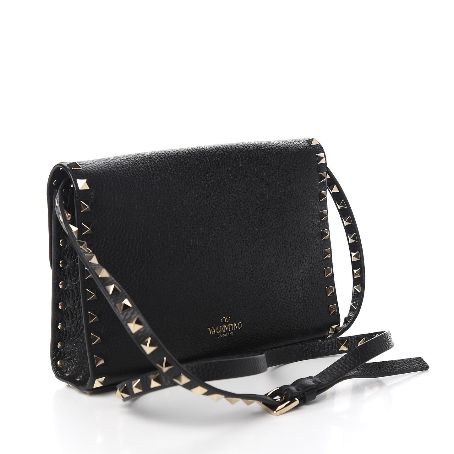 Pebbled Calfskin Medium Rockstud Flip Lock Crossbody Bag Black