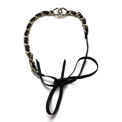 Chanel Metal Lambskin Crystal CC Chain Tie Headband Gold Black 1 of 5