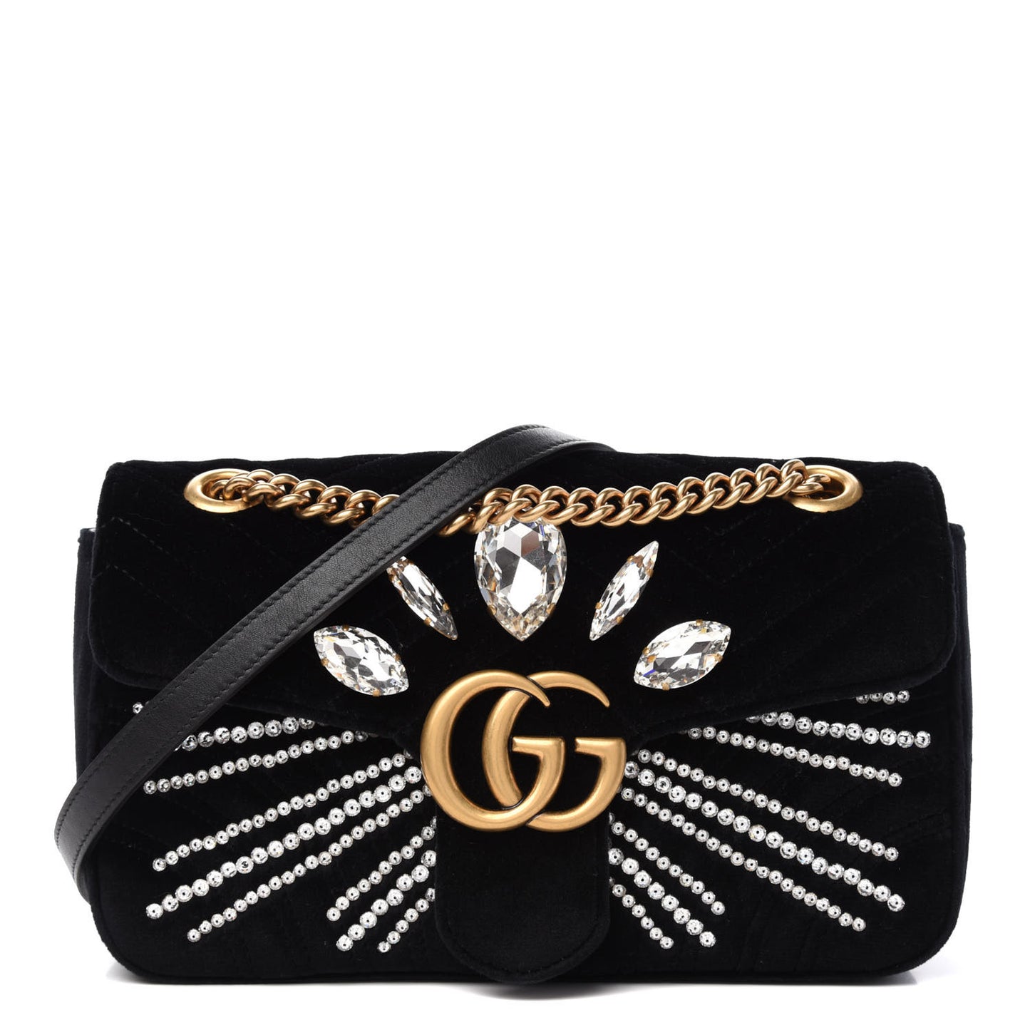 Velvet Matelasse Marquise Crystals Embroidered Small GG Marmont Shoulder Bag Black