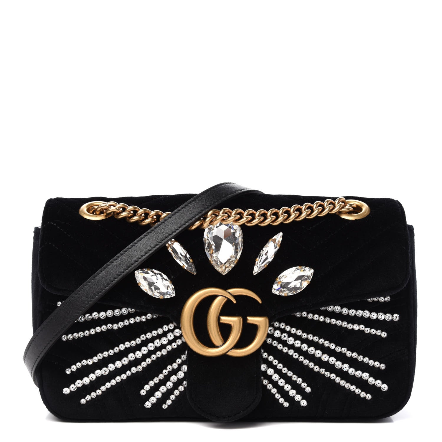 Gucci Velvet Matelasse Marquise Crystals Embroidered Small GG Marmont Shoulder Bag Black 1 of 10