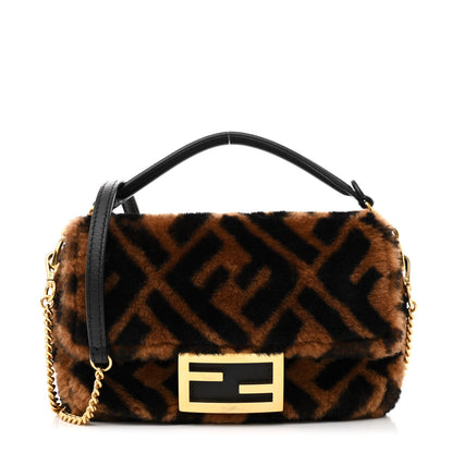 Fendi Shearling Vitello Dolce Macro FF 1974 Mini Baguette Tobacco Black 1 of 11
