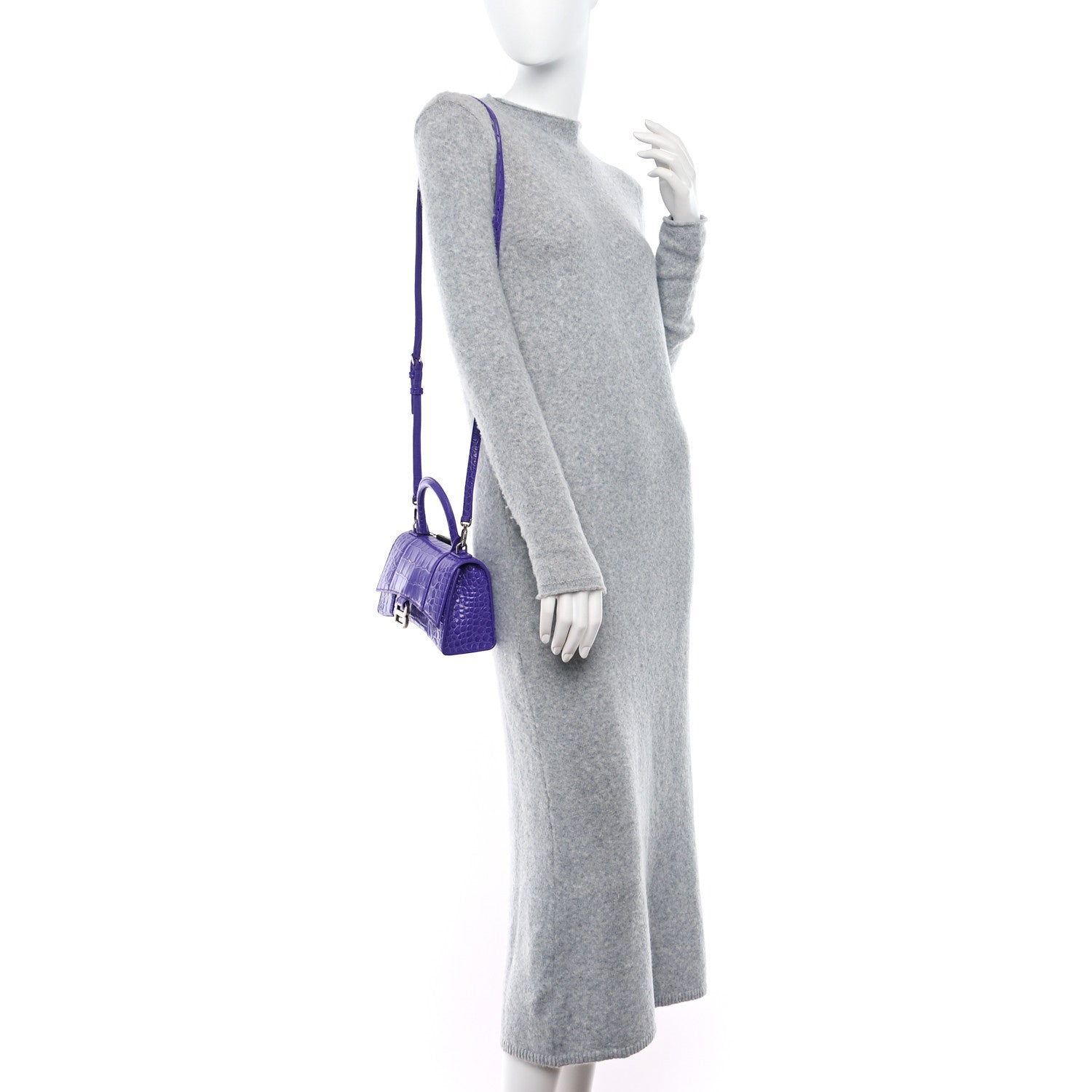 Balenciaga Shiny Calfskin Crocodile Embossed Hourglass Top Handle Bag XS Viola 2 of 8