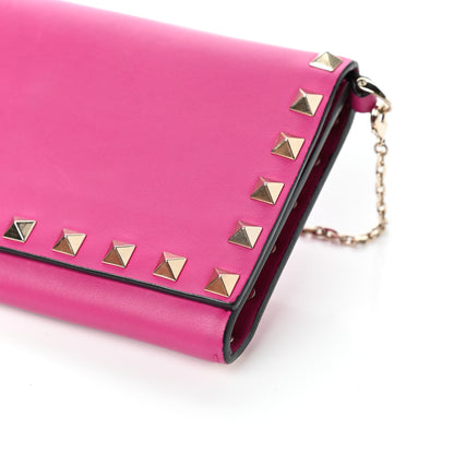 Valentino Garavani Calfskin Rockstud Flap Wallet On Chain Fuxia 9 of 9