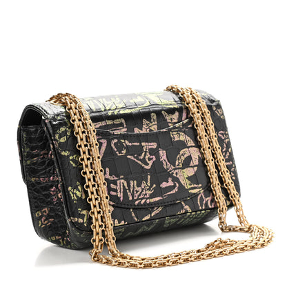 Chanel Calfskin Crocodile Embossed Graffiti 2.55 Mini Cocodile Reissue Flap Black Pink 2 of 10