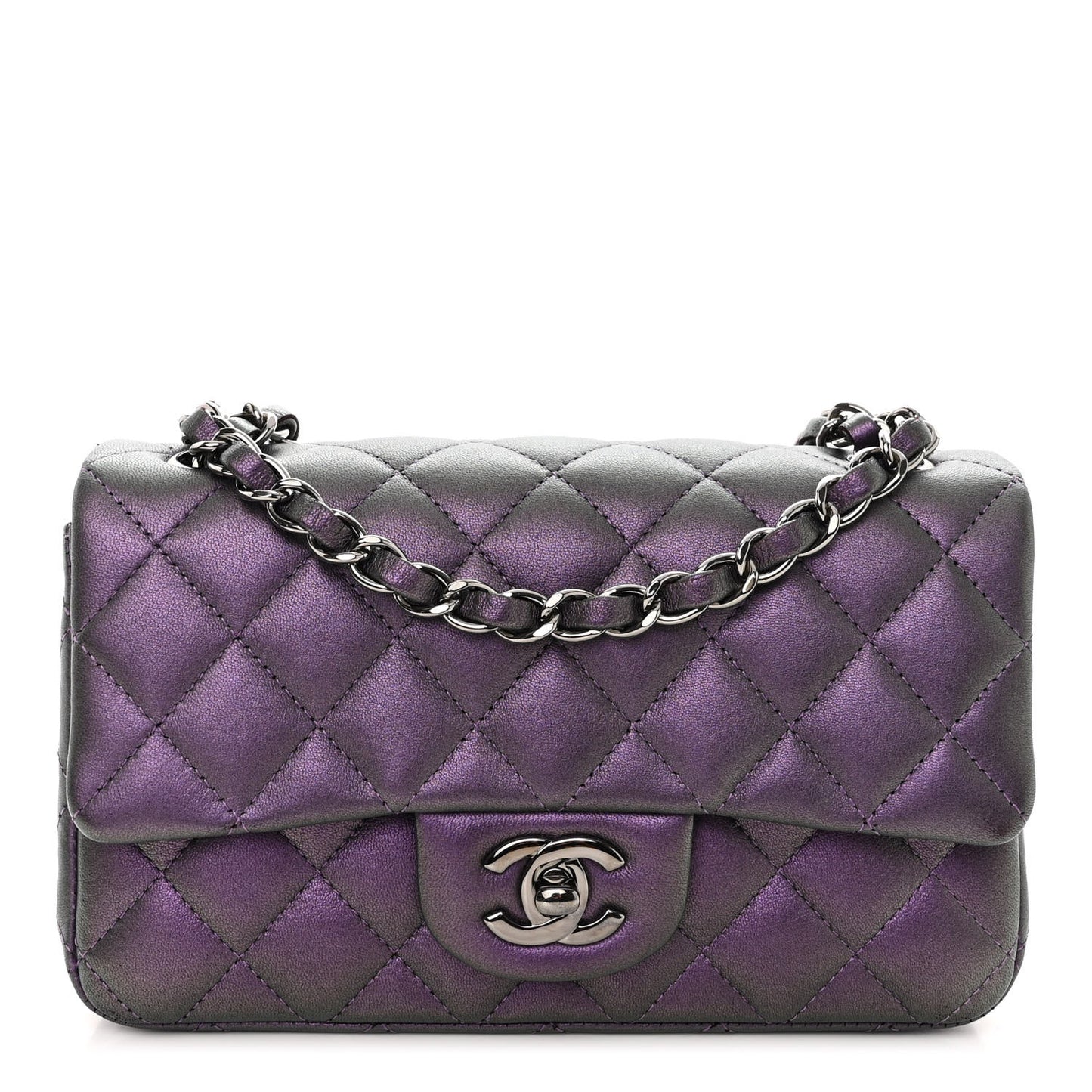 Iridescent Lambskin Quilted Mini Rectangular Flap Dark Purple