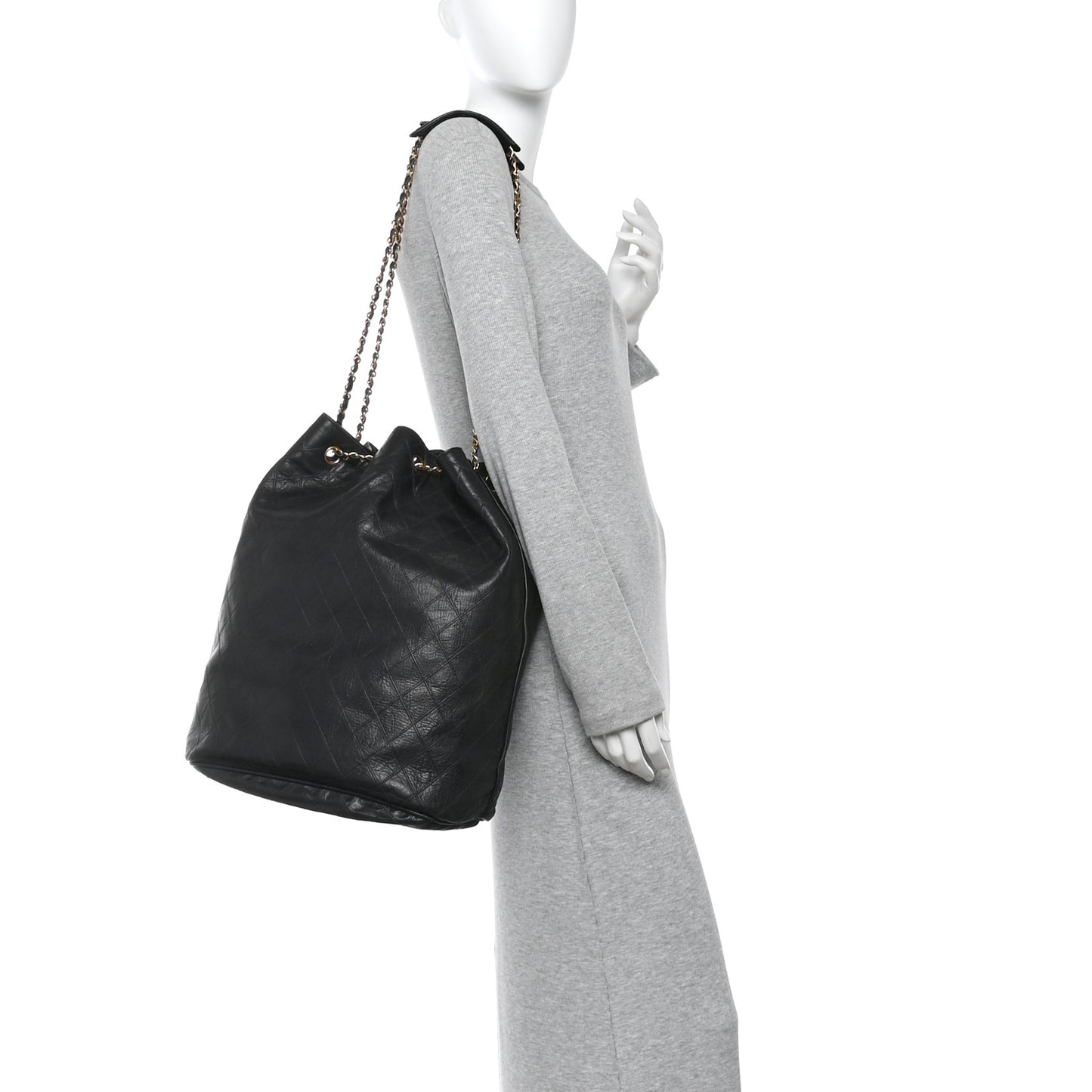 Grained Calfskin Quilted Drawstring Bucket Bag Black