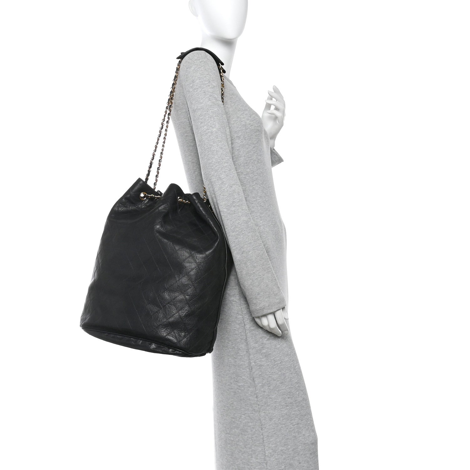 Chanel Grained Calfskin Quilted Drawstring Bucket Bag Black 2 of 13