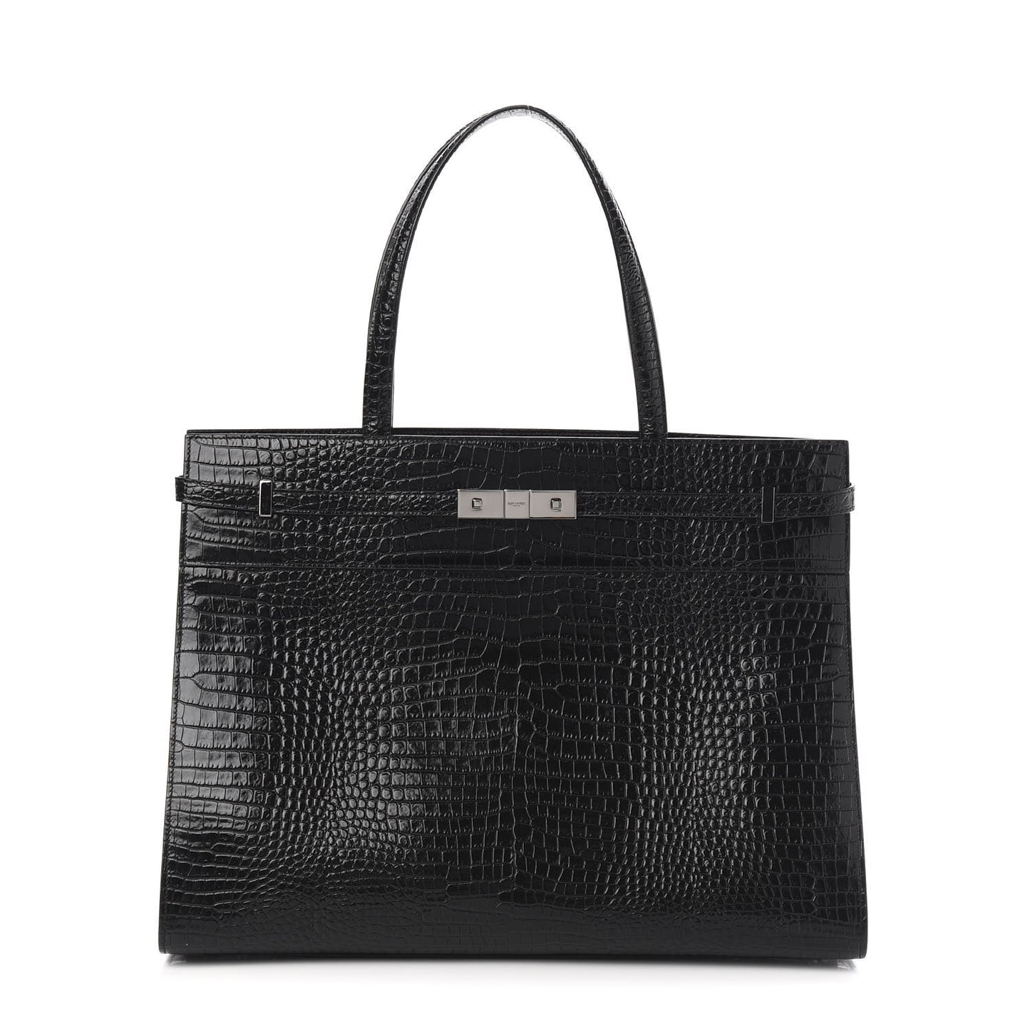 Shiny Calfskin Crocodile Embossed Medium Manhattan Shopper Tote Black