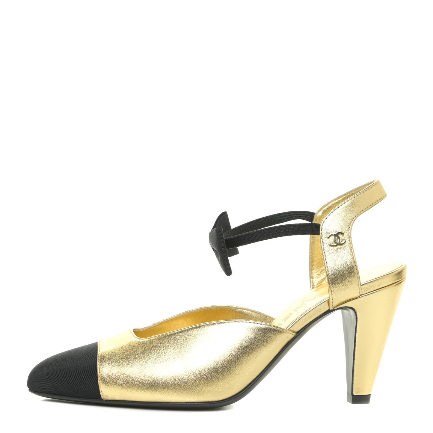Laminated Lambskin Grosgrain Cap Toe CC Pumps 36 Gold Black