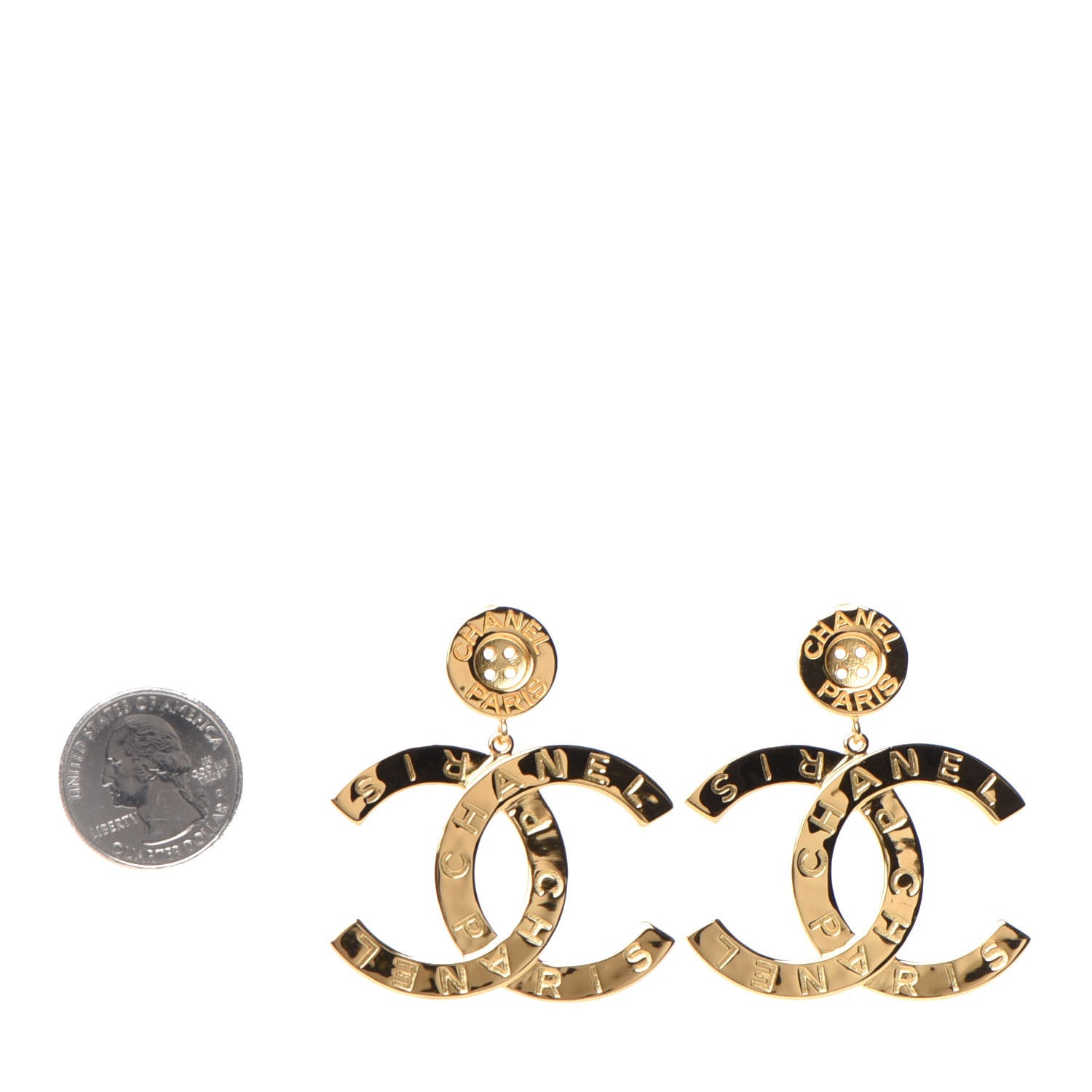 Chanel Metal Large Paris Button Earrings Gold 2 of 4