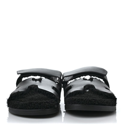 Hermes Calfskin Woolskin Mens Chypre Sandals 44.5 Black 2 of 8