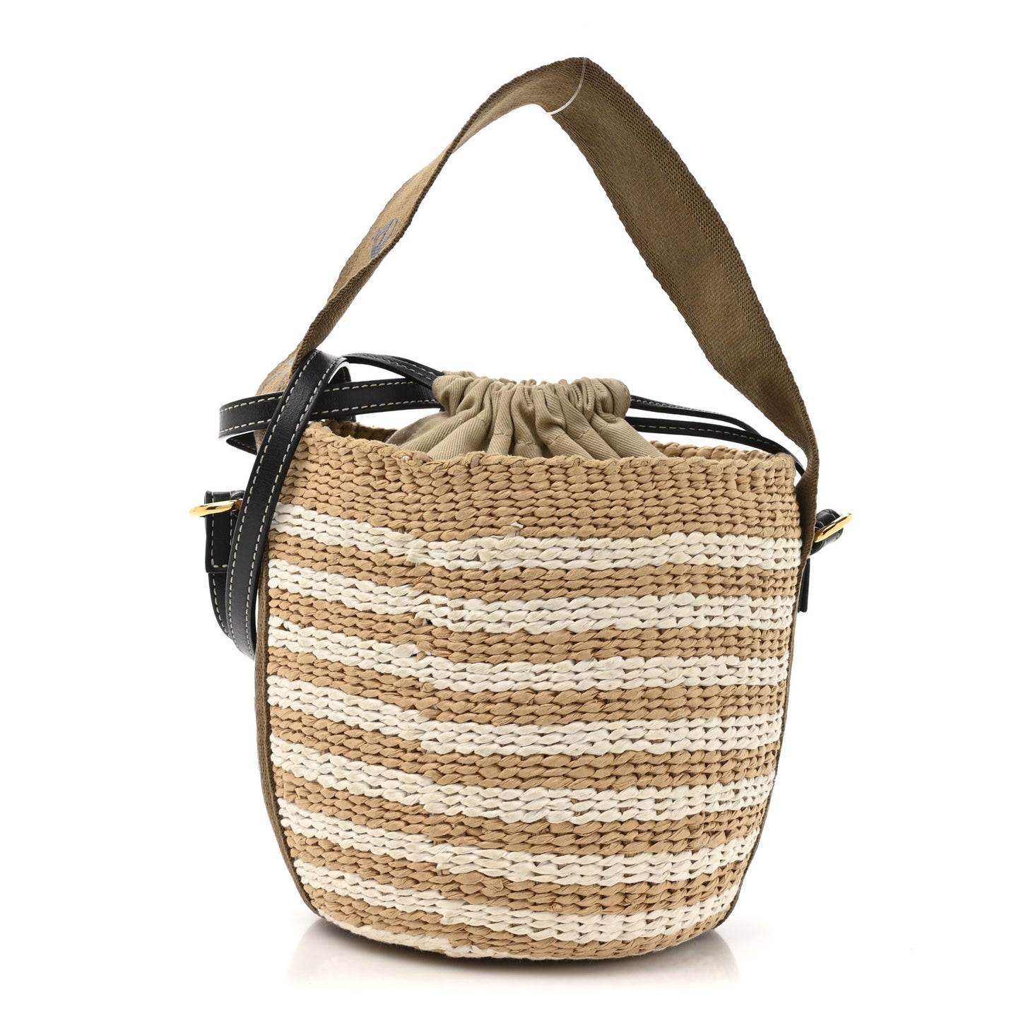 Raffia Calfskin Small Woody Striped Basket Bag Brown