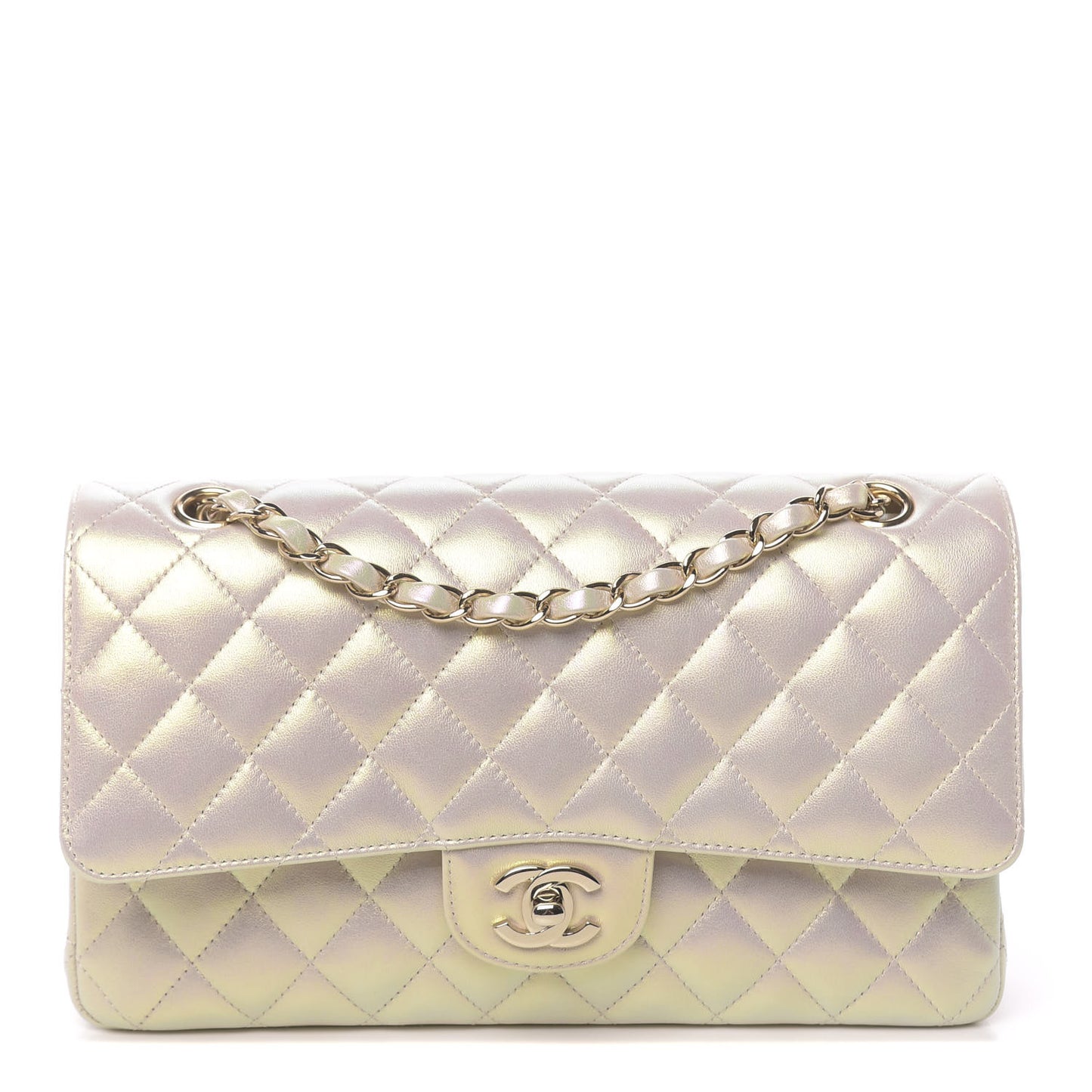 Iridescent Lambskin Quilted Medium Double Flap Ivory