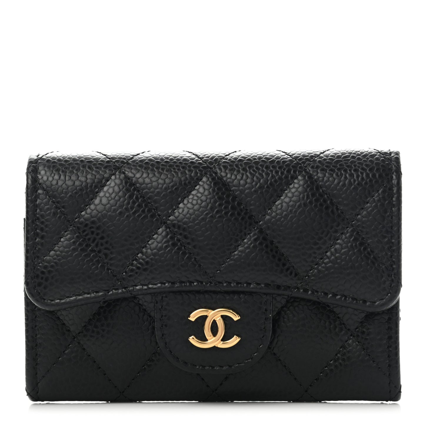 Caviar Quilted Flap Card Holder Wallet Black