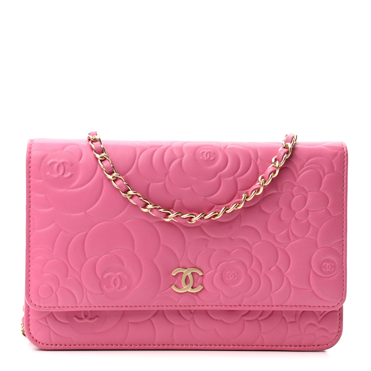 Chanel Lambskin Camellia Embossed Wallet On Chain WOC Pink 1 of 10